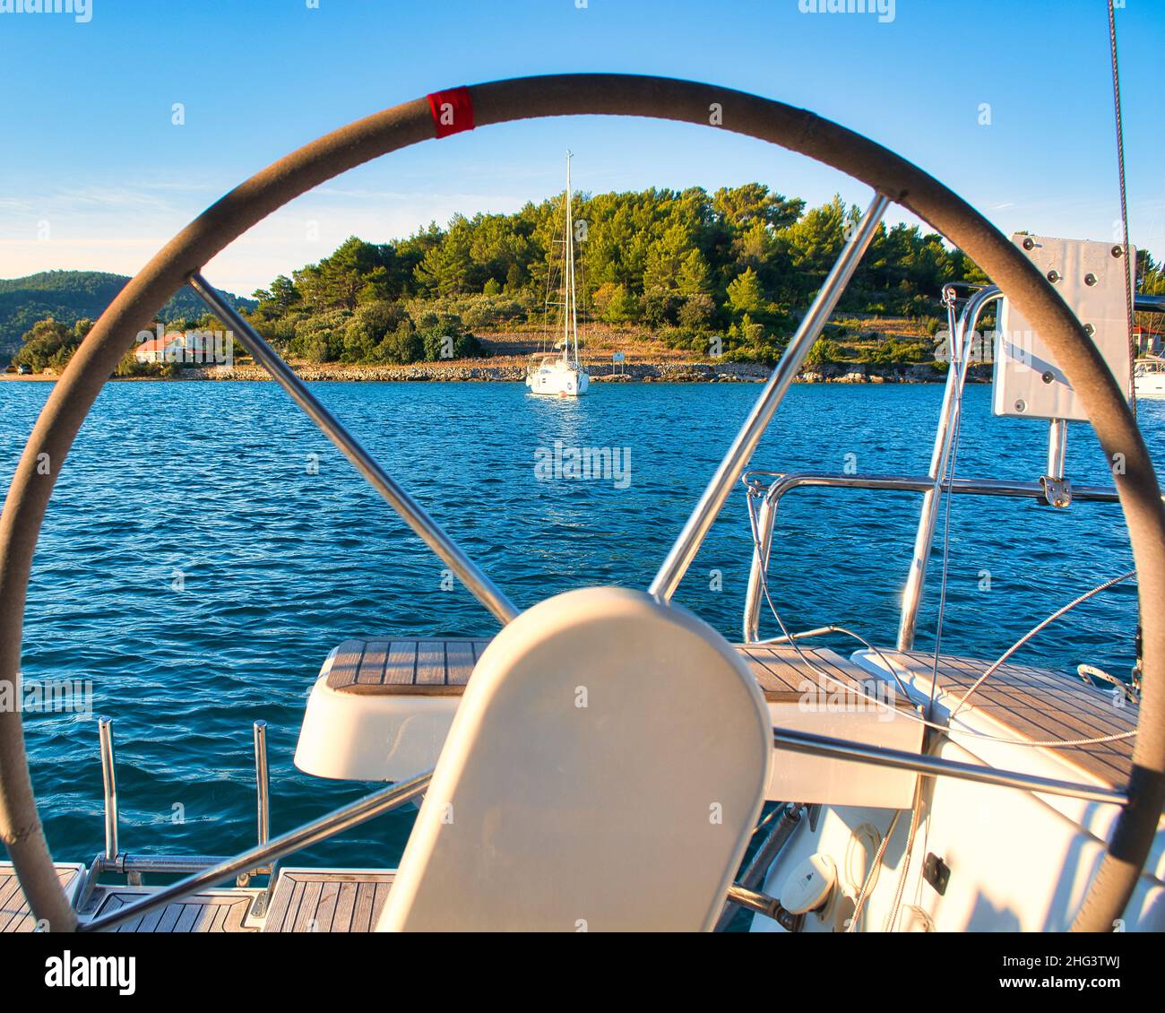 View through the steering wheel on a boat in Croatia Stock Photo Alamy