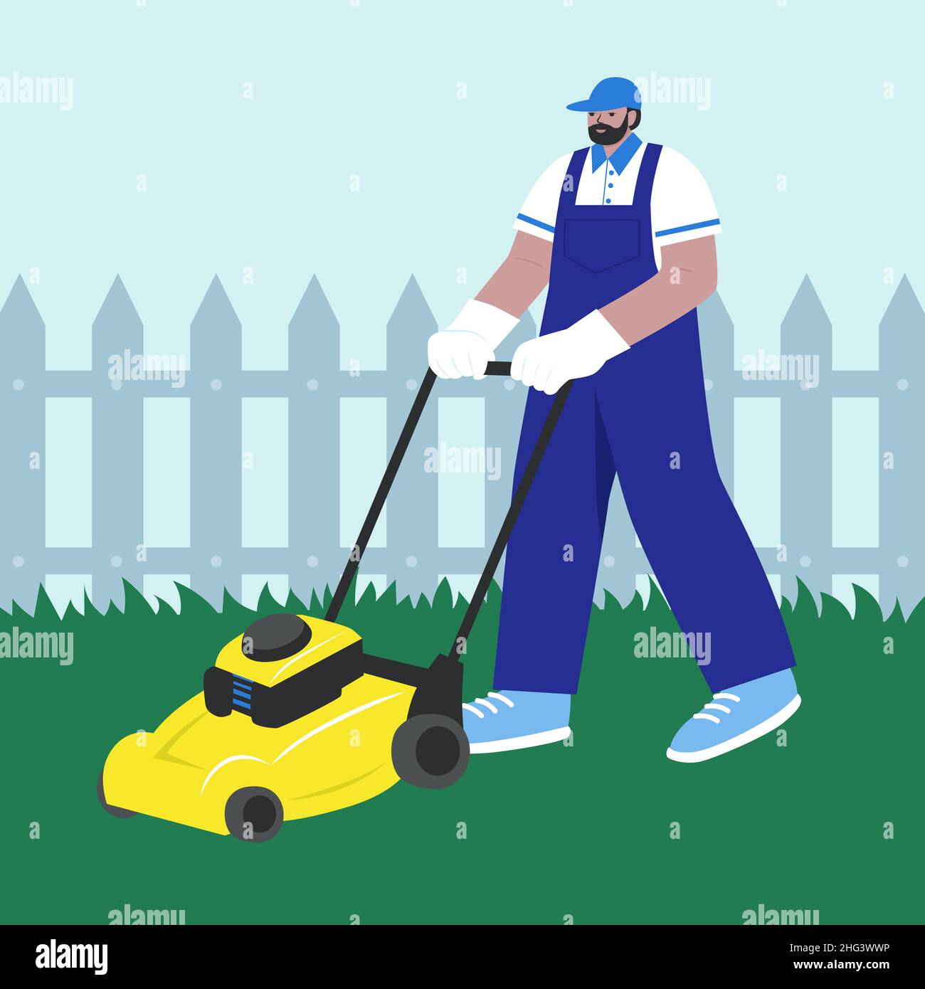 Person lawn mowing outdoors illustration Vector illustration Stock