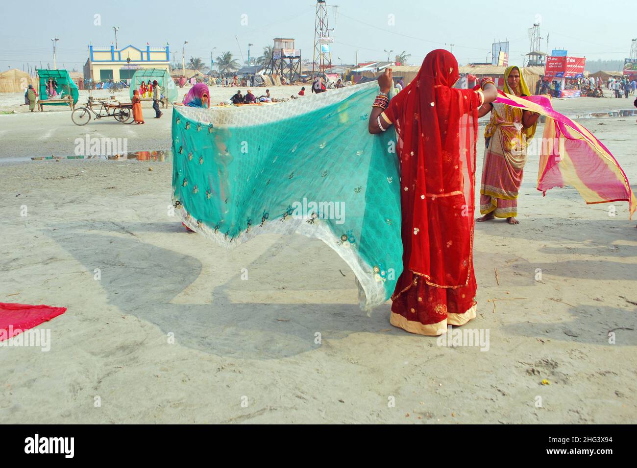 cloths drying at ganga sagar island west bengal Stock Photo