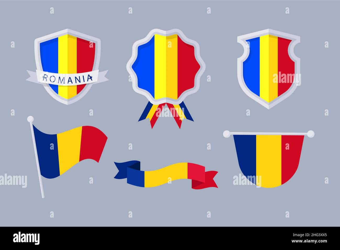 Hand drawn romanian flag and national emblems set Vector illustration