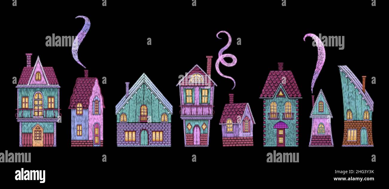 Fairy tale houses. Steampunk style buildings, retro house. Embroidery architecture elements. Silk stitch patches for clothes, textile, accessories Stock Vector