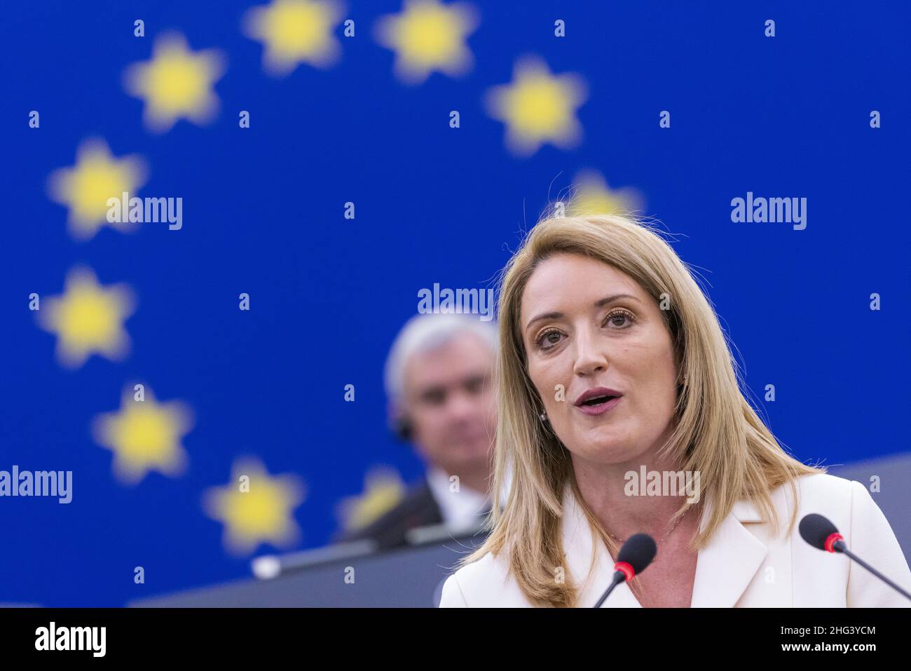 18 January 2022, France, Straßburg: Roberta Metsola (Partit Nazzjonalista), EPP Group, stands in the European Parliament building and speaks. The candidates for the election of the new EU Parliament President introduce themselves in the EU Parliament. Photo: Philipp von Ditfurth/dpa Stock Photo
