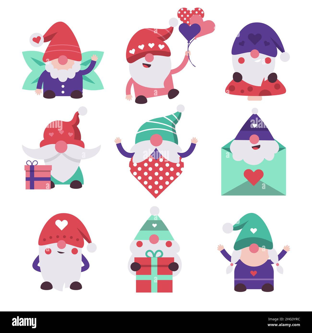 Flat valentines day gnomes set Vector illustration. Stock Vector
