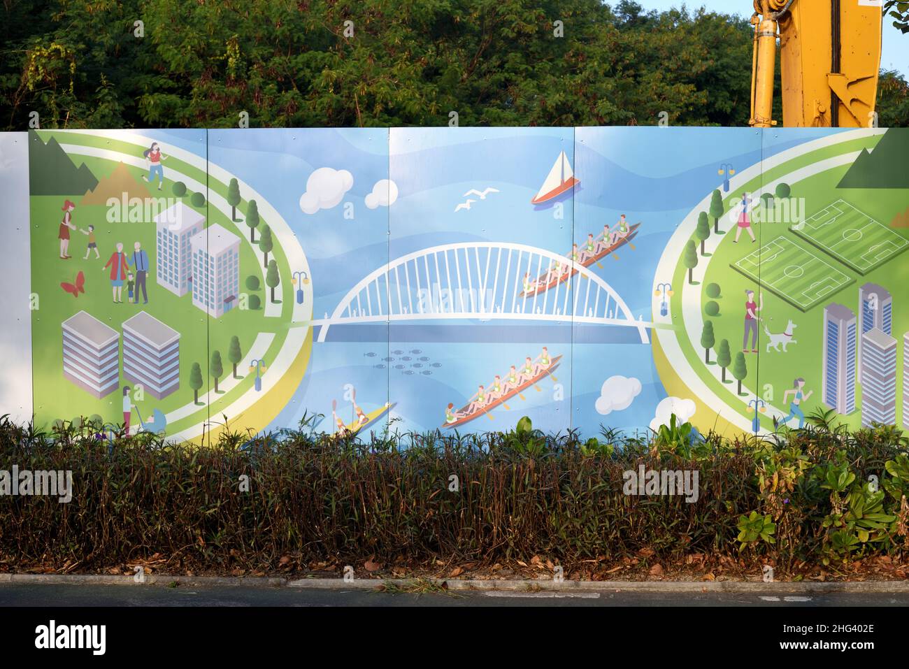 Graphic board showing the construction of cross bay bridge project in the bay area of Tseung Kwan O, Sai Kung District, Hong Kong Stock Photo