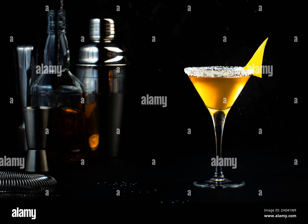 Sidecar cocktail with cognac, liqueur, lemon juice and ice. Black