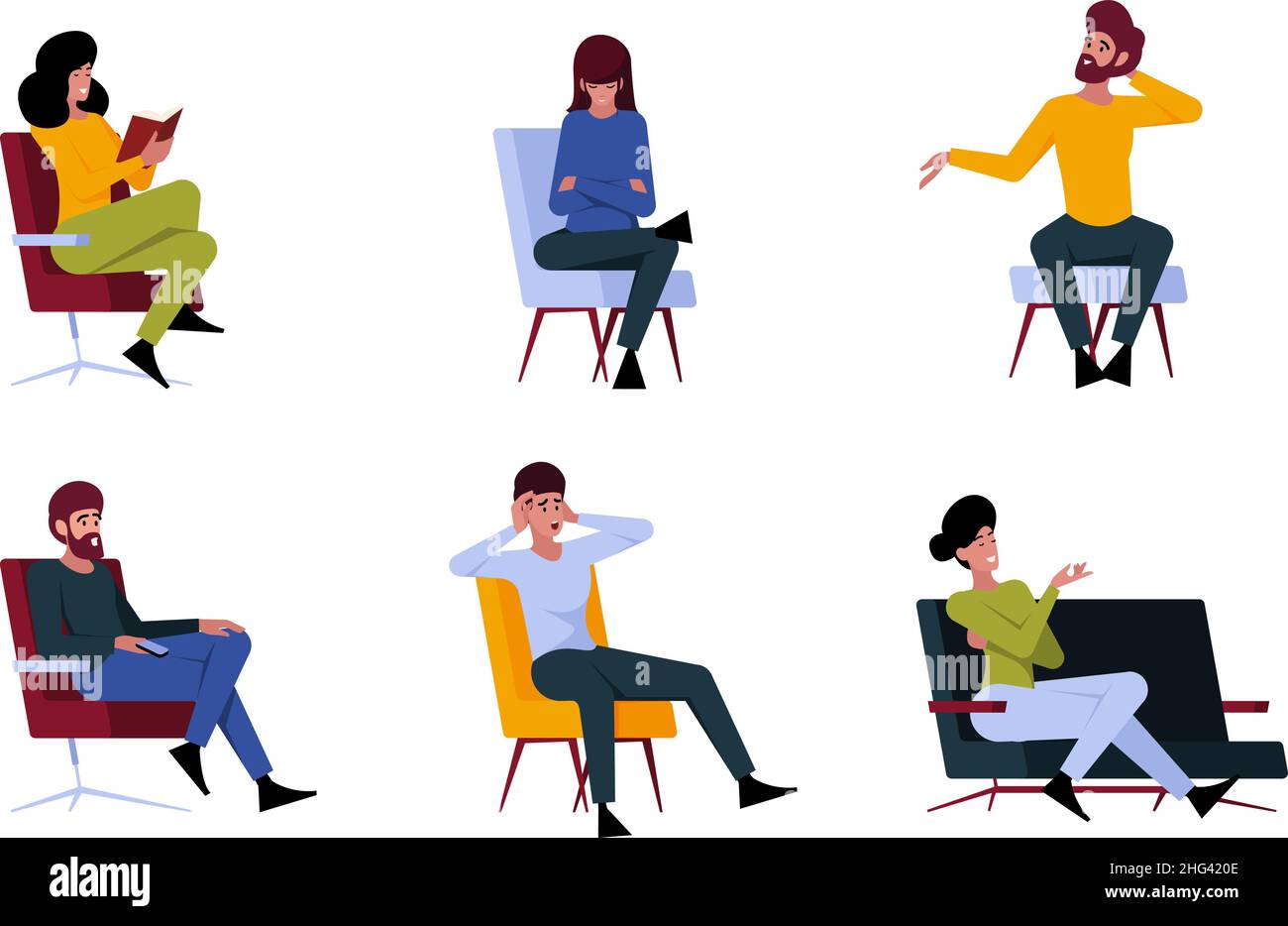 People sitting. Characters on chairs sitting at psychotherapy consultation group of persons on sofa garish vector templates in flat style Stock Vector