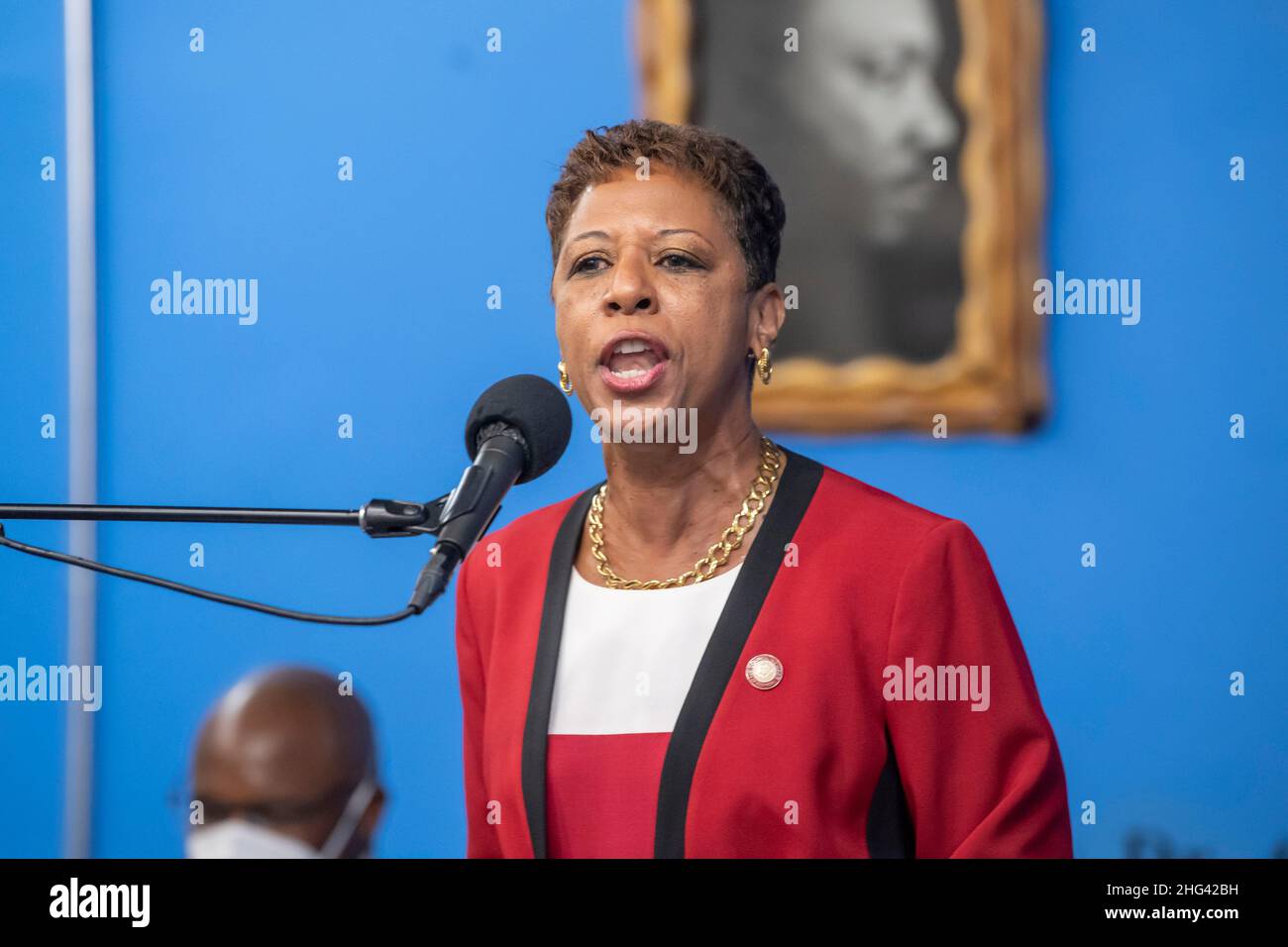 New York City Council's Speaker Adrienne Adams speaks during a Martin ...