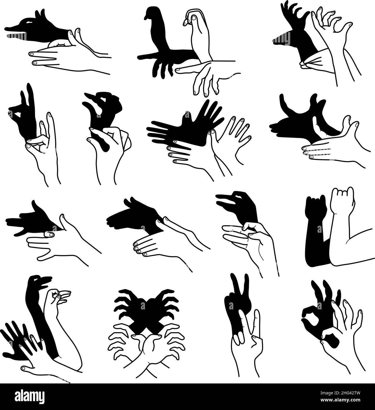 Hands shadow. Theatrical gestures hands puppets creative poses from human fingers different animals birds rabbit bear recent vector illustrations Stock Vector