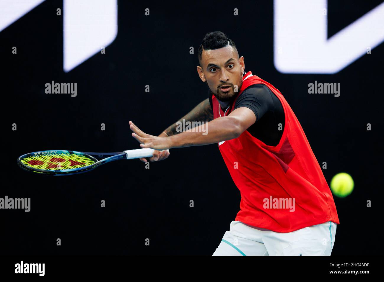 Melbourne, Australia. 18th Jan, 2022. NICK KYRGIOS (AUS) in action on day 2 at the 2022 Australian Open on Tuesday January 2022,  Melbourne ParkCredit: corleve/Alamy Live News Stock Photo