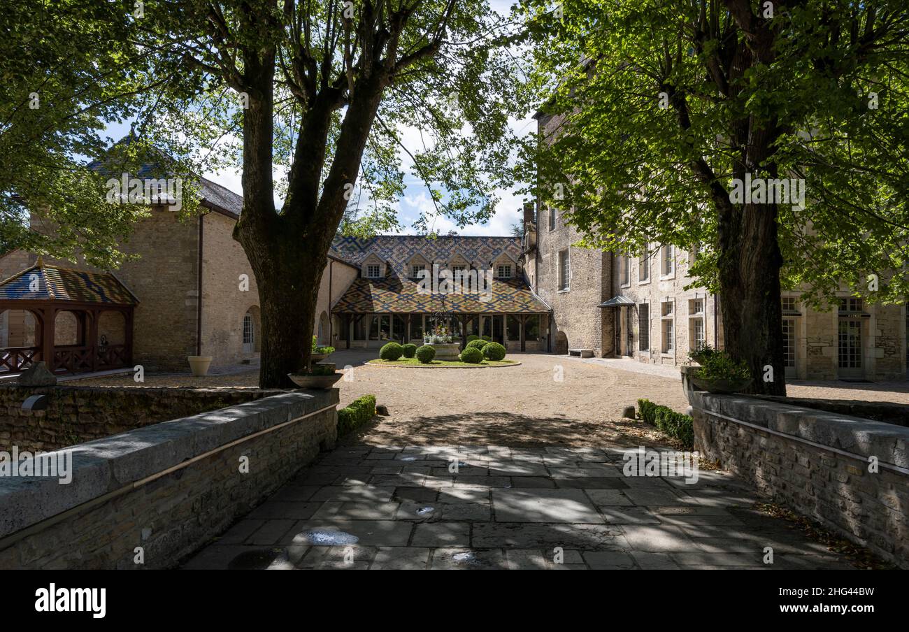 Santenay, France - June 29, 2020: Chateau Santenay with courtyard in the Burgundy, France. Stock Photo