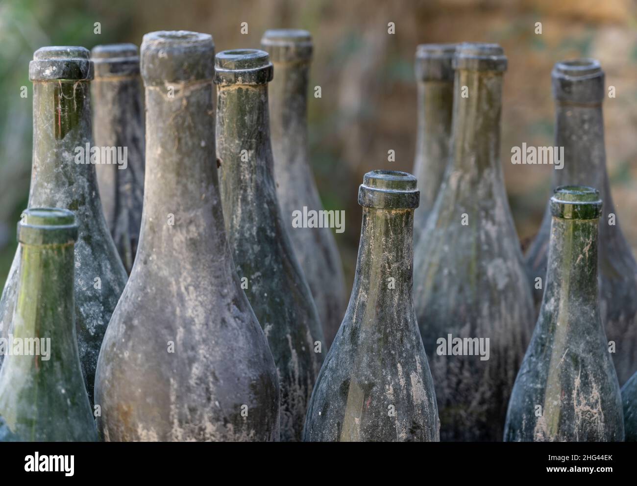 Old dirty green bottles in France. Stock Photo