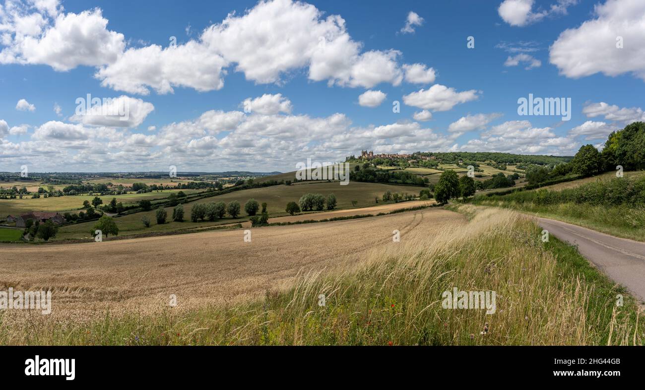 Fields in the area of Chateauneuf with castle on a summers day, burgundy, France Stock Photo