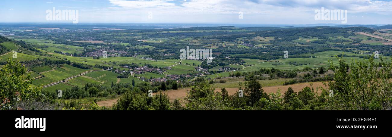 Panorama vineyards and Rhone valley near the wine village of Santenay in Burgundy, France. Stock Photo
