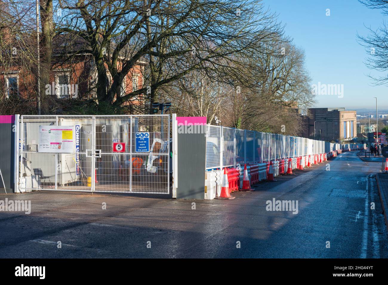 Roadworks extending the Midland Metro on Castle Hill into Dudley town