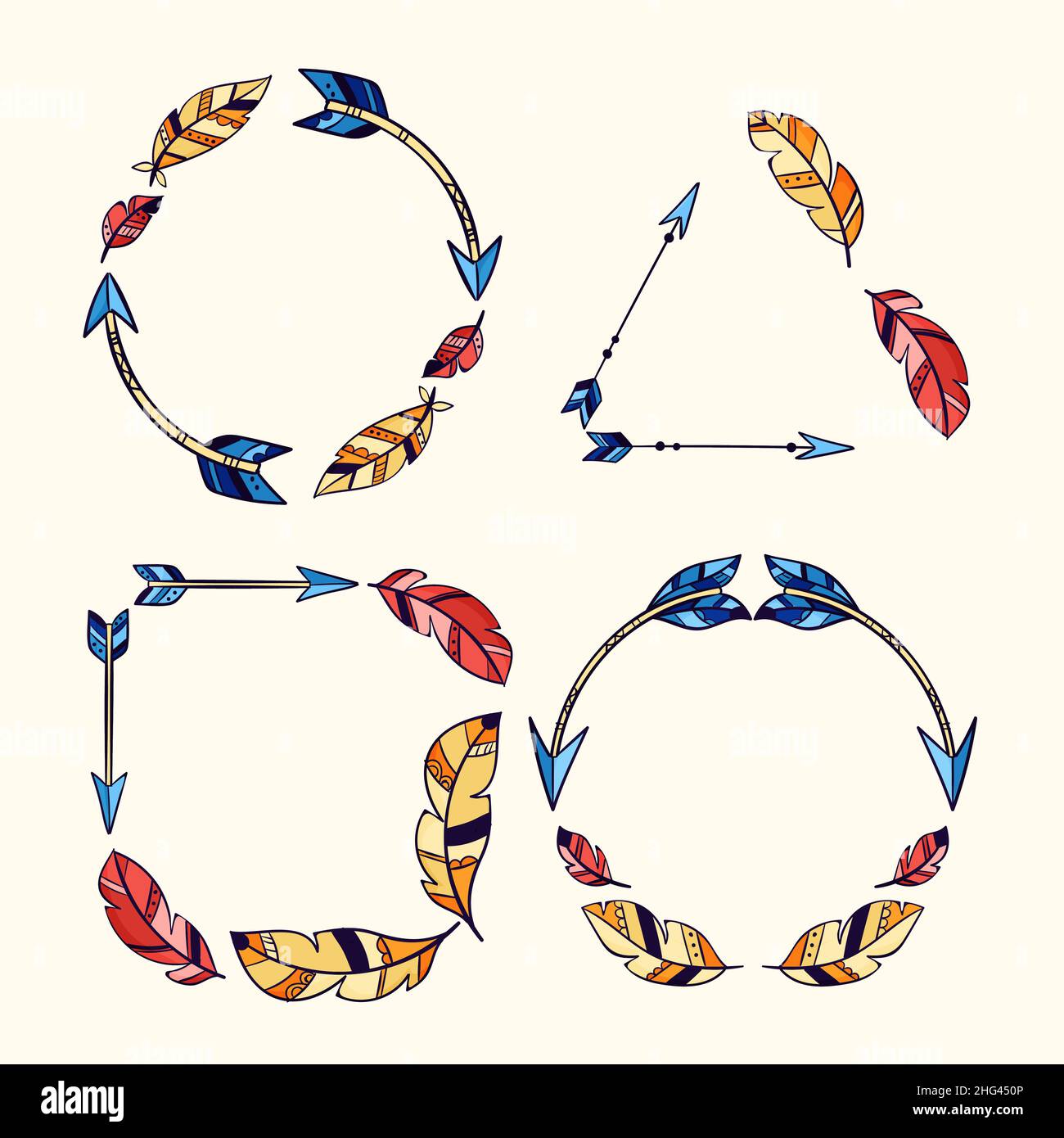 Ornamental boho frame with decorative elements set Vector illustration. Stock Vector