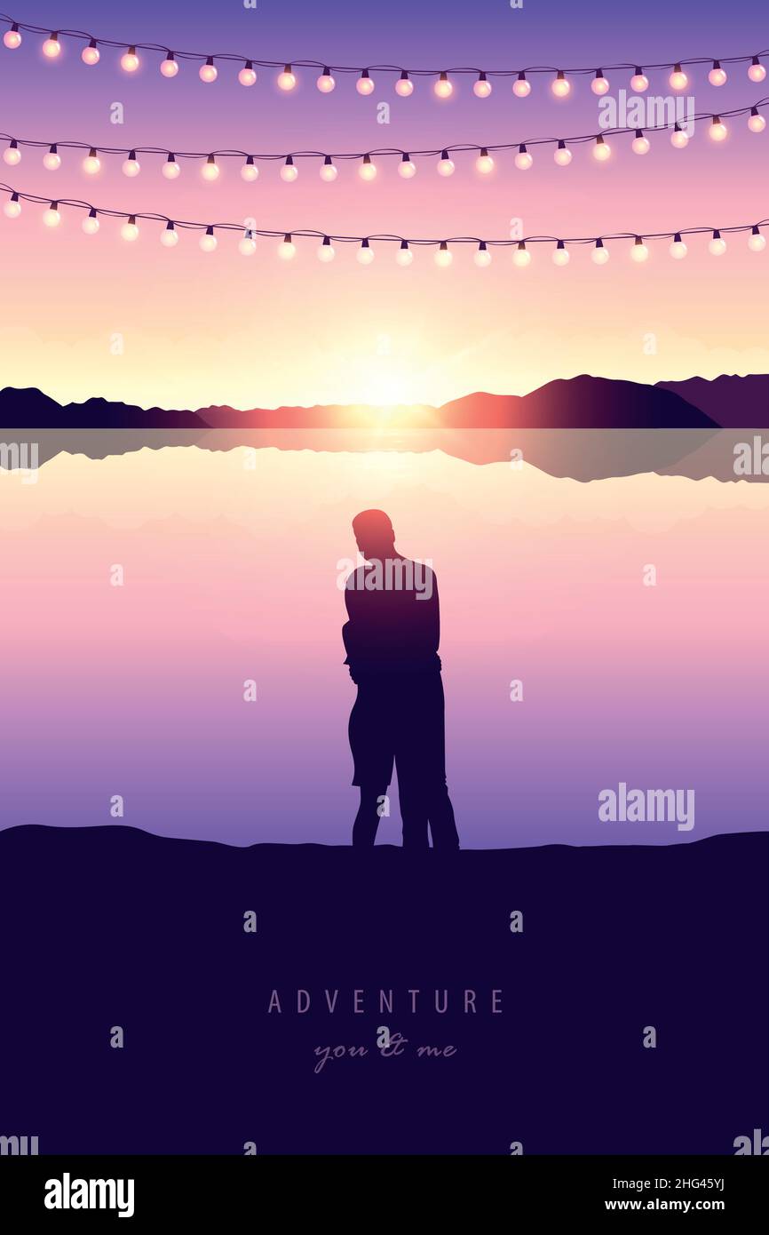 romantic couple silhouette by the lake at sunset Stock Vector Image ...
