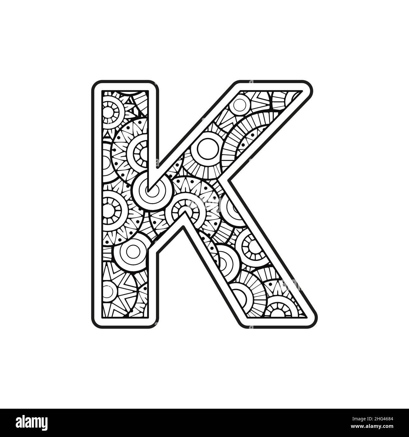 Coloring page for adult. Contour Capital English Letter K on a mandala ...