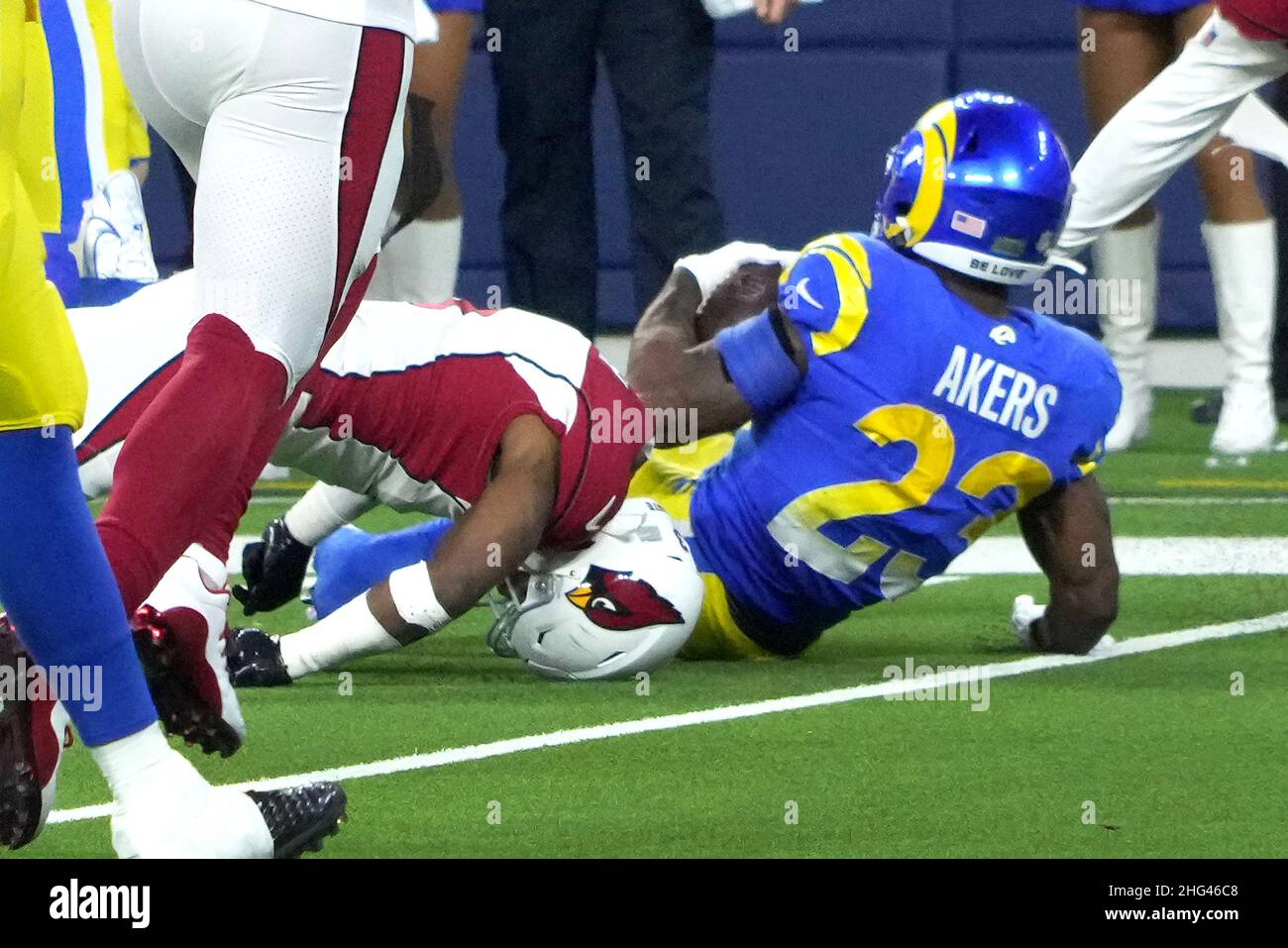 Arizona Cardinals' Buddy Baker lands on his neck tackling Los Angeles Rams'Cam Akers in their NFC wild card game at SoFi Stadium in Inglewood, California on Monday, January 17, 2022. The Rams beat the Cardinals 34-11. Photo by Jon SooHoo/UPI Stock Photo