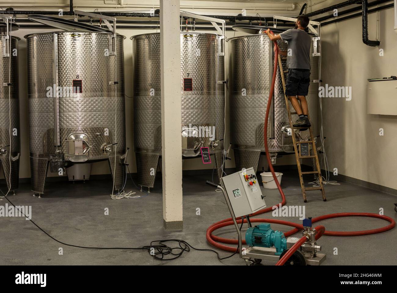 Monthelie, France - June 30, 2020: Man working at stainless steel wine barrels in the winery Les Hauts Bins in Monthelie in burgundy, France. Stock Photo