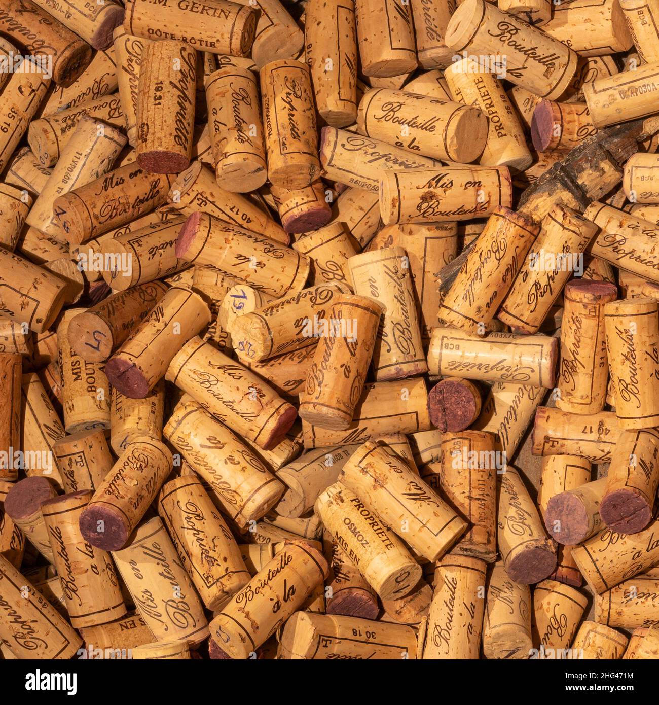 Monthelie, France - June 30, 2020: Corks in a barrel at domaine Boussy, Monthalie, burgundy, France. Stock Photo