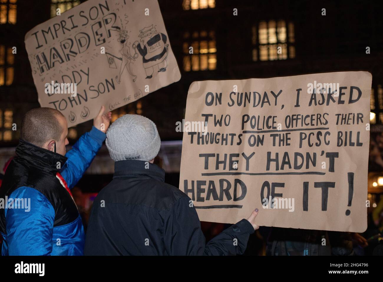 London, England, UK 17 January 2022 Hundreds of protesters from XR, BLM and Kill the Bill gather at the House of Lords ahead of voting on the Police, Crime, Sentencing and Courts Bill. Protesters hold placards and posters voicing their opposition to the bill and it's potential impact on the right to protest and implore the House of Lords to vote against the amendments added by the government. Stock Photo