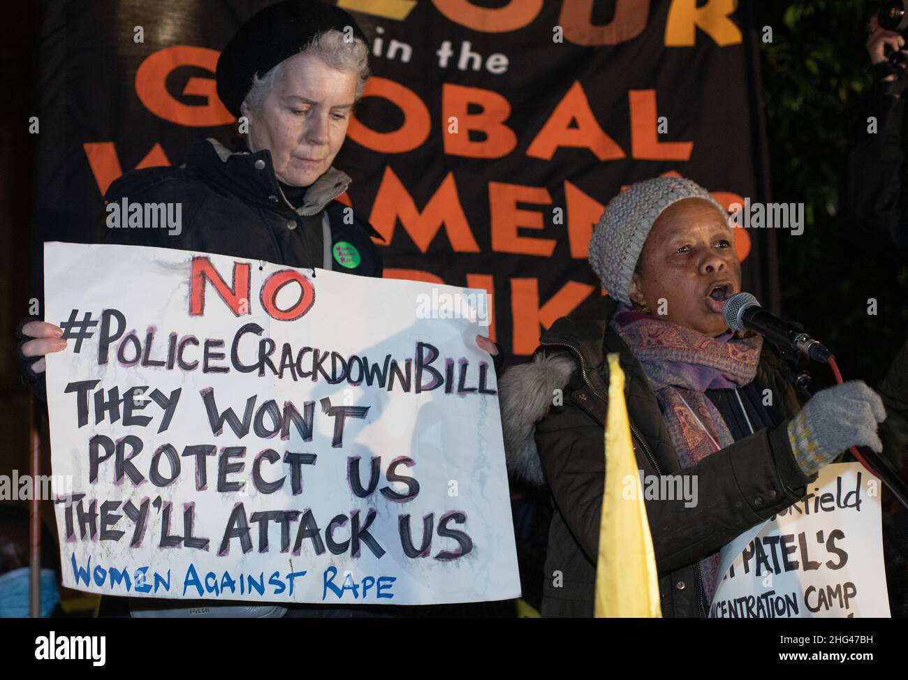 London, England, UK 17 January 2022 Hundreds of protesters from XR, BLM and Kill the Bill gather at the House of Lords ahead of voting on the Police, Crime, Sentencing and Courts Bill. Protesters hold placards and posters voicing their opposition to the bill and it's potential impact on the right to protest and implore the House of Lords to vote against the amendments added by the government. Stock Photo