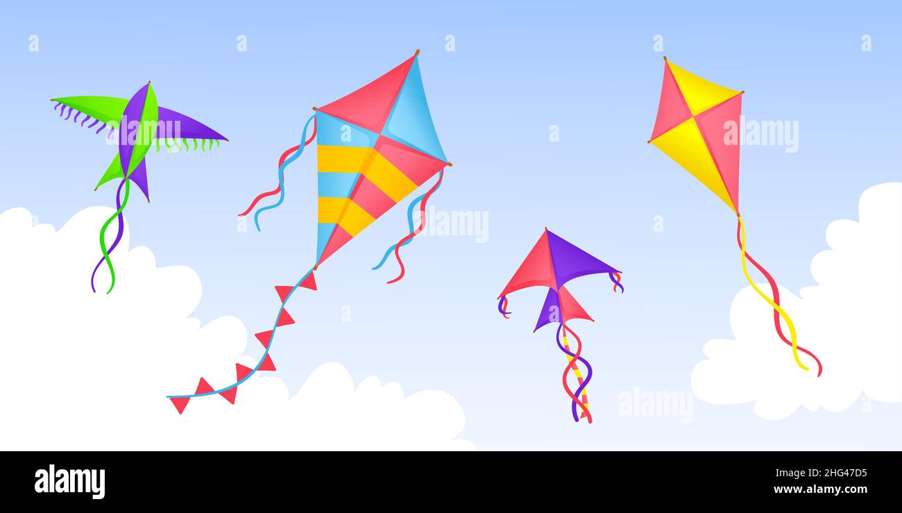 Kite in sky. Cartoon kites flying in clouds, happy festival banner. Summer outdoor play, kids colorful toys fly in wind. Seasonal neat vector Stock Vector Image & Art - Alamy Kite in sky. Cartoon kites flying in clouds, happy festival banner. Summer outdoor play, kids colorful toys fly in wind. Seasonal neat vector Stock Vector Image & Art - Alamy