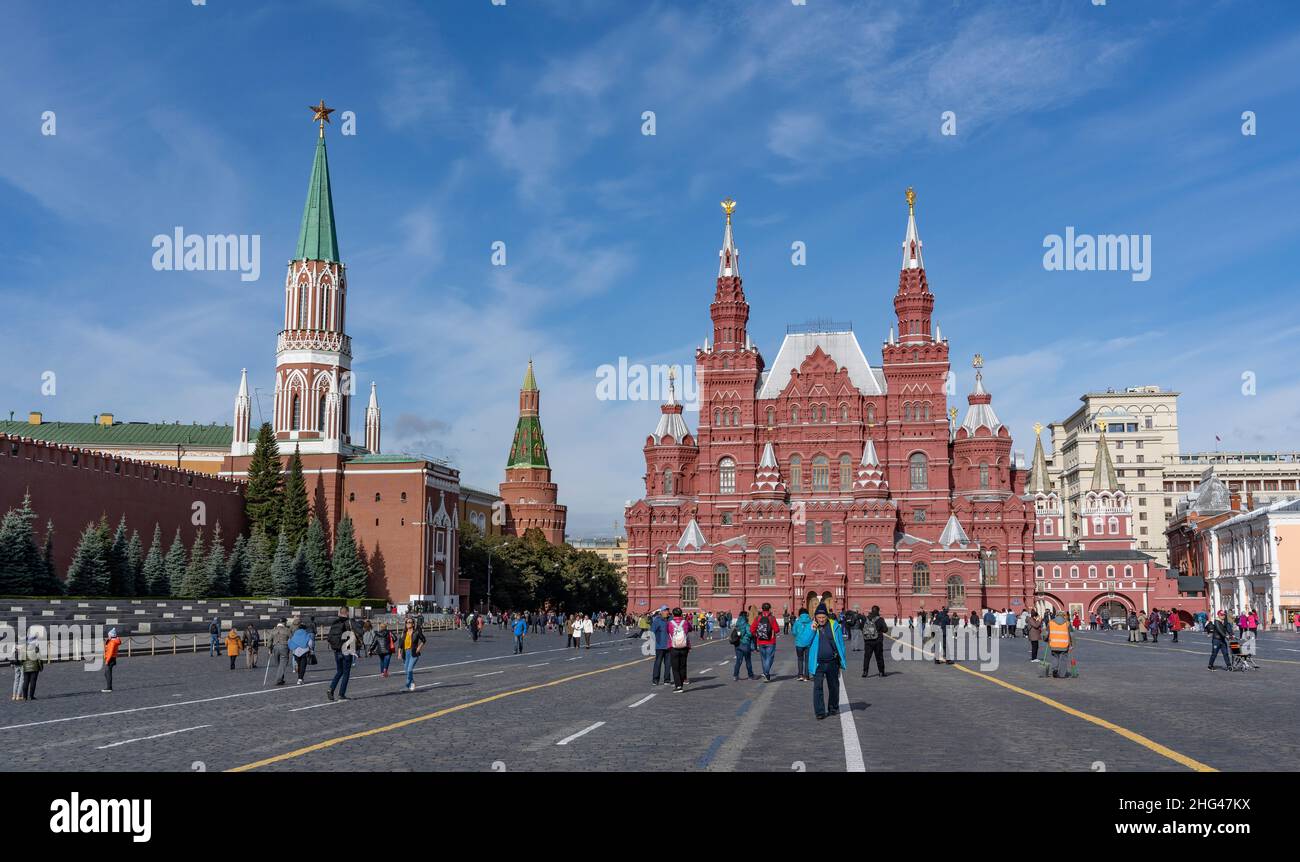 Moscow, Russia - September 25, 2019: Red sqaure with people and National Historic Museum and Lenin Mausoleum on an autumn day. Stock Photo
