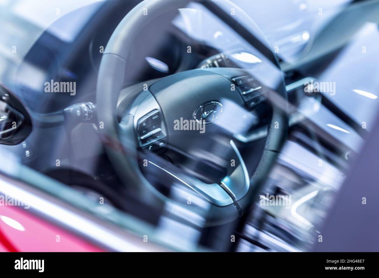 Liptovsky Mikulas, Slovakia. January 17. 2022. View through the window on the multifunction steering wheel of the new Hyundai car. Stock Photo