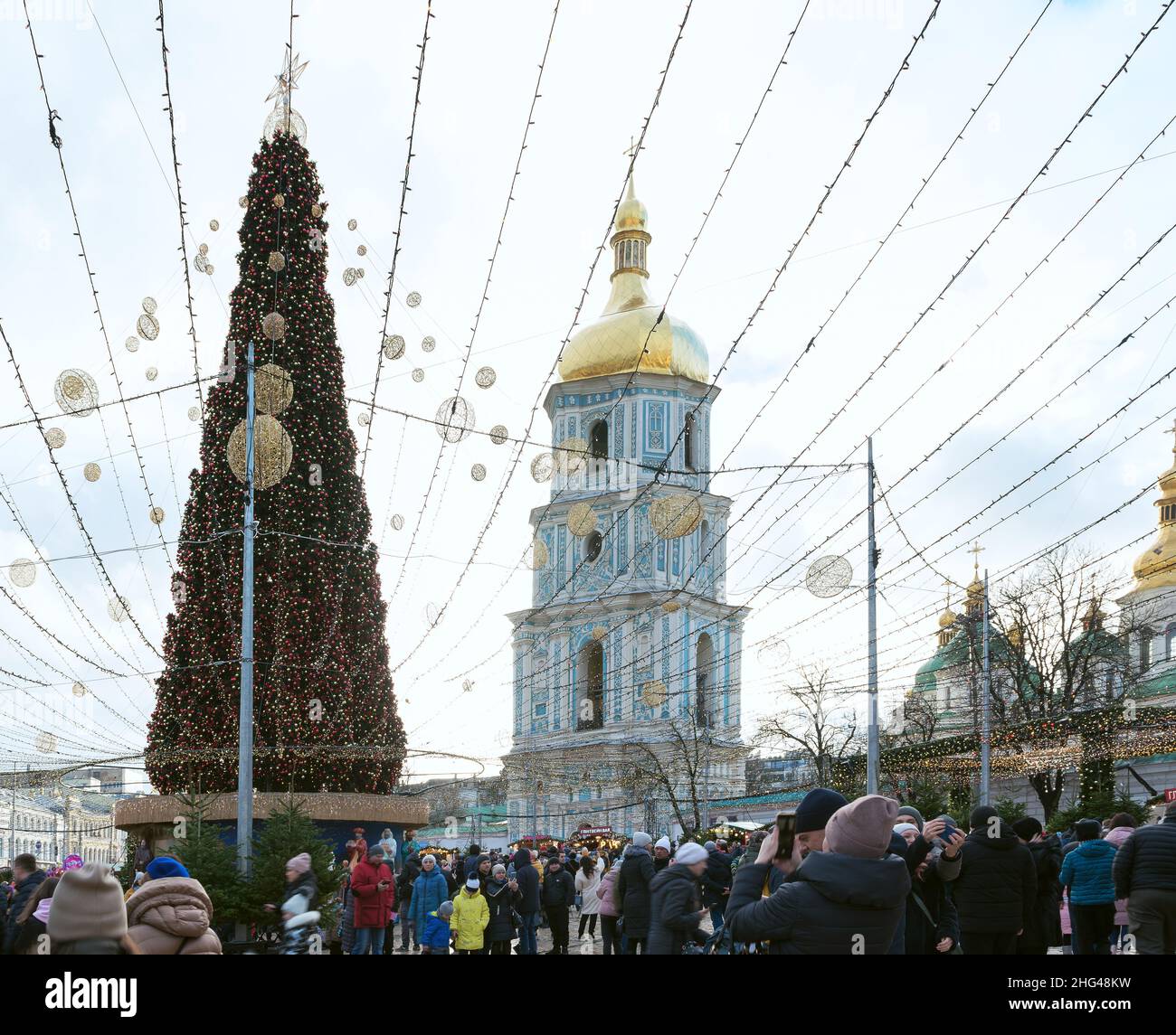 Kiev, Ukraine - January 1, 2022: A Christmas tree is installed on Sophia Square. The Christmas tree rating is 13th in Europe. Stock Photo