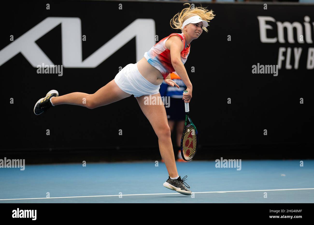 18th January 2022. Clara Tauson of Denmark in action against Astra Sharma  of Australia during the first round of the 2022 Australian Open, WTA Grand  Slam tennis tournament on January 18, 2022