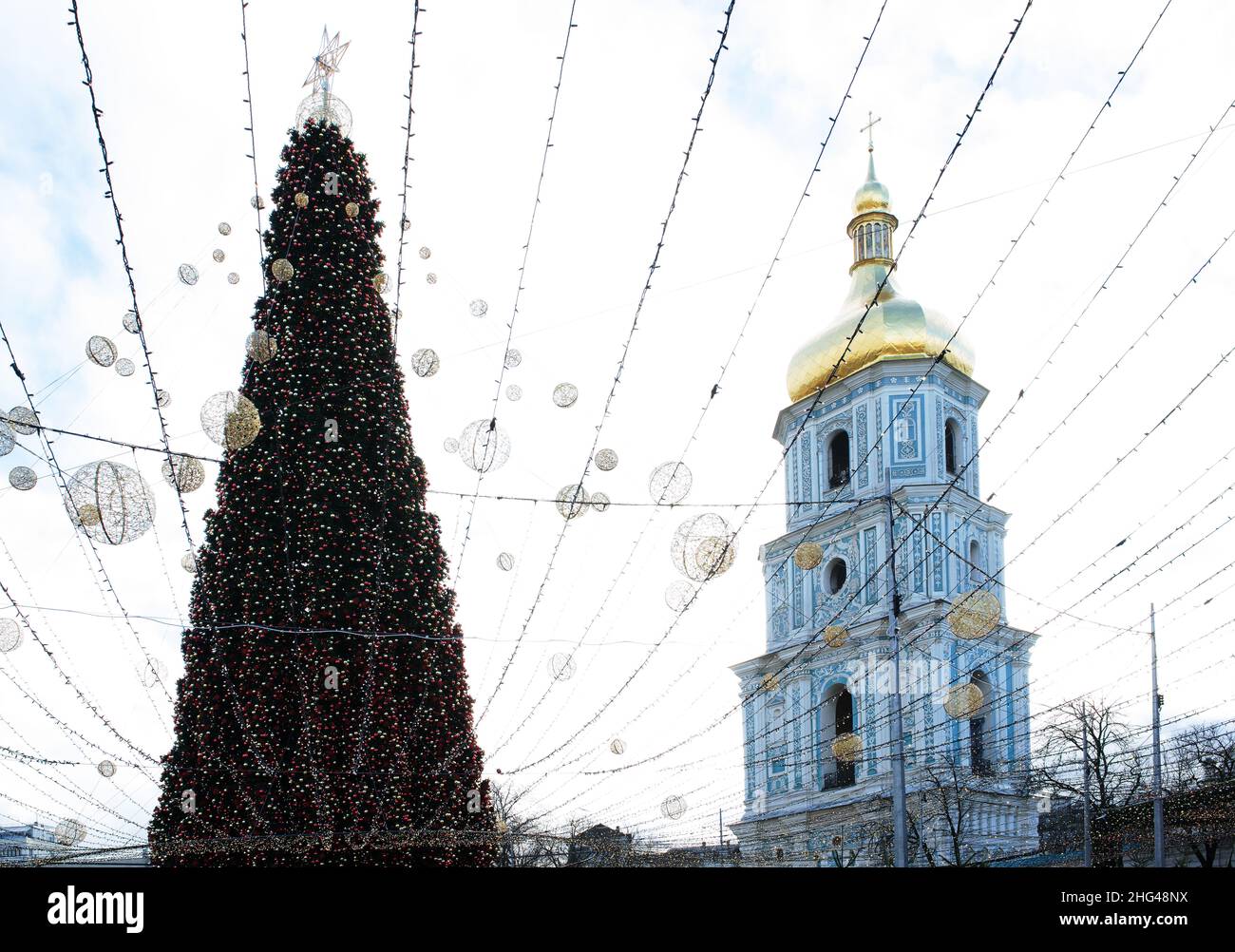A Christmas tree is installed on Sophia Square in Kiev, Ukraine. In the background - the bell tower of the Cathedral of St. Sophia of Kiev - the sight Stock Photo