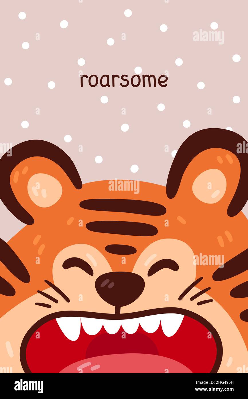 Cute tiger roaring portrait and roarsome quote. Vector illustration with simple animal character isolated on background. Design for birthday card Stock Vector