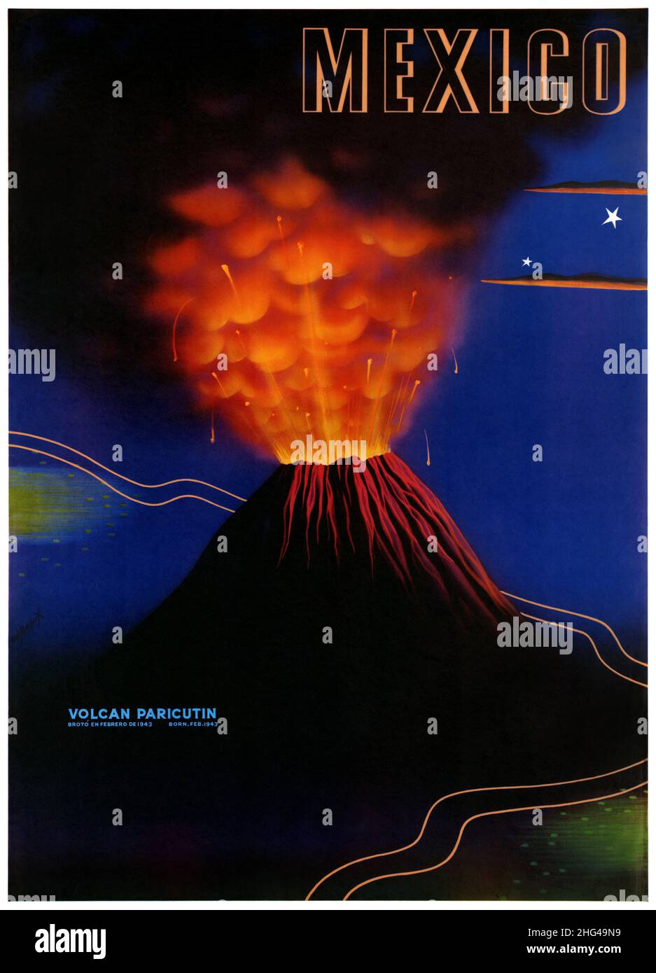 Mexico. Volcan Paricutín. Poster published in 1943 in Mexico. Stock Photo