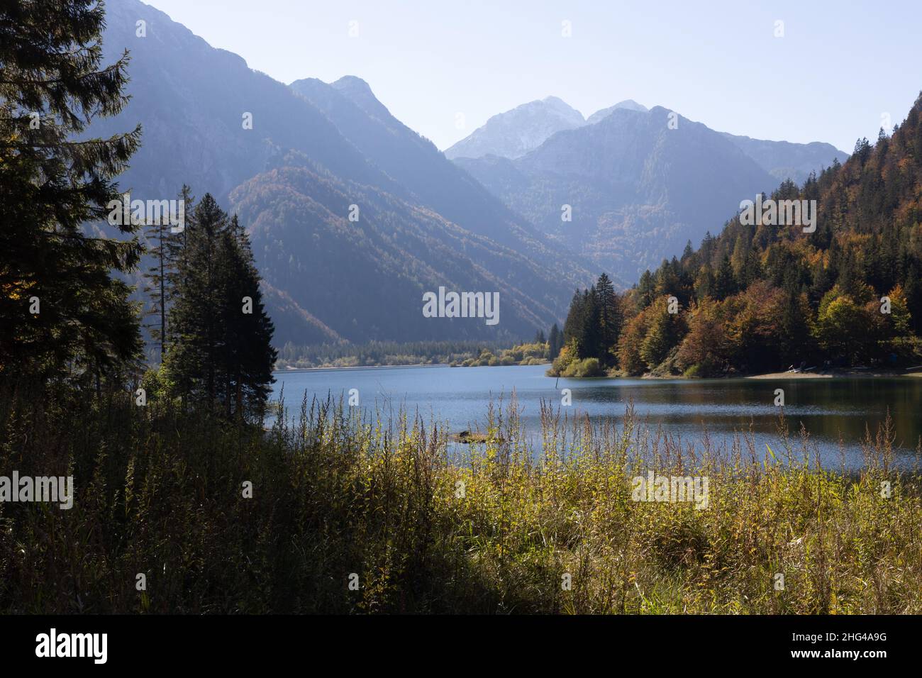 Lake Raibl in the Alps near Tarvisio in autumn, Italy. Stock Photo