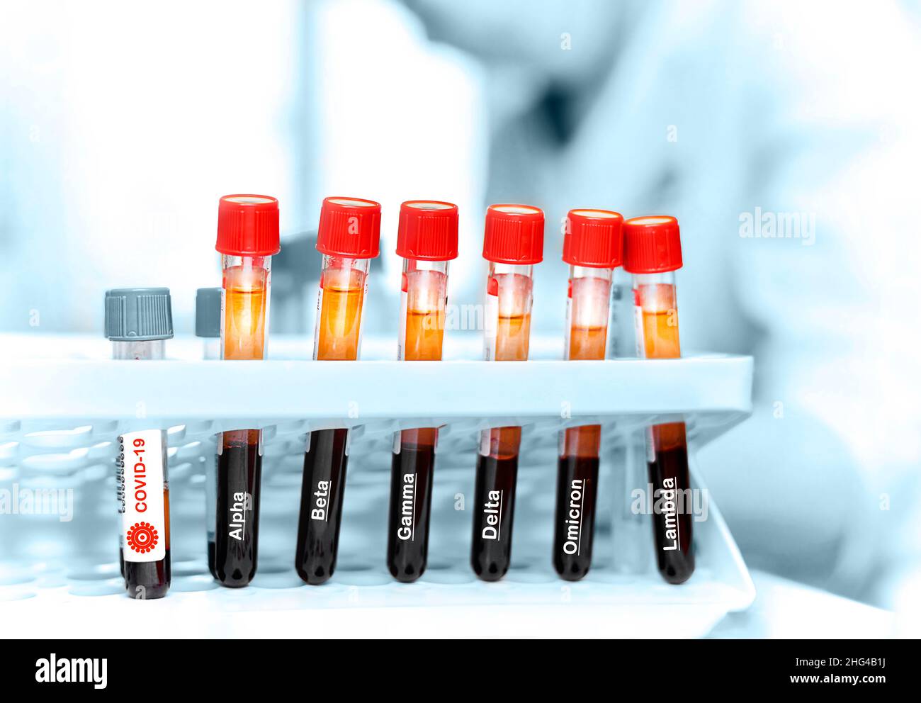 Test tubes with blood in the laboratory. Labeled covid19 and mutation