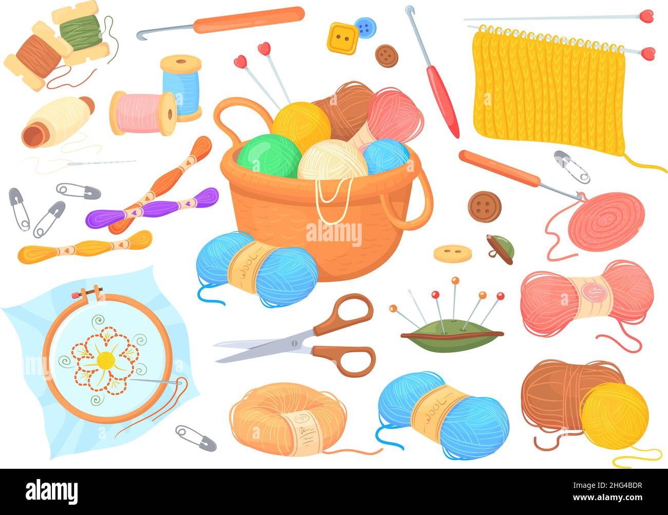 Yarn basket with knitting needles and crochet hook. Craft tools and  materials Stock Vector Image & Art - Alamy