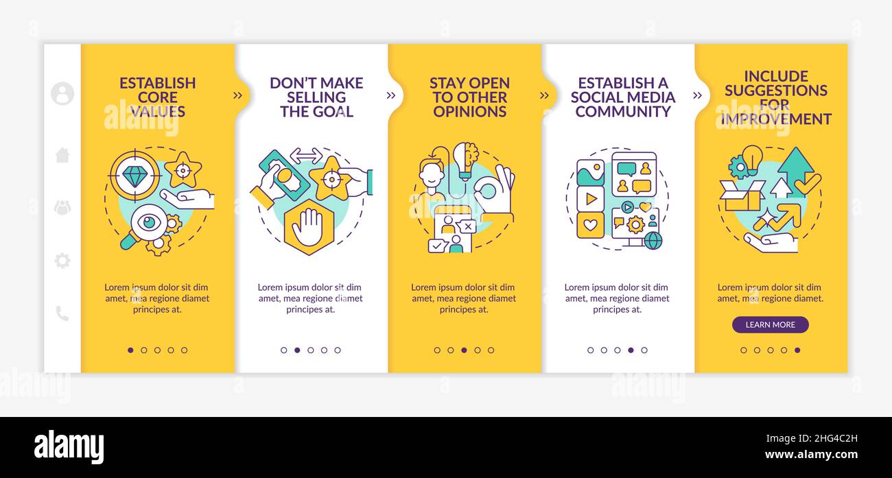 Ways to establish transparency yellow onboarding template Stock Vector