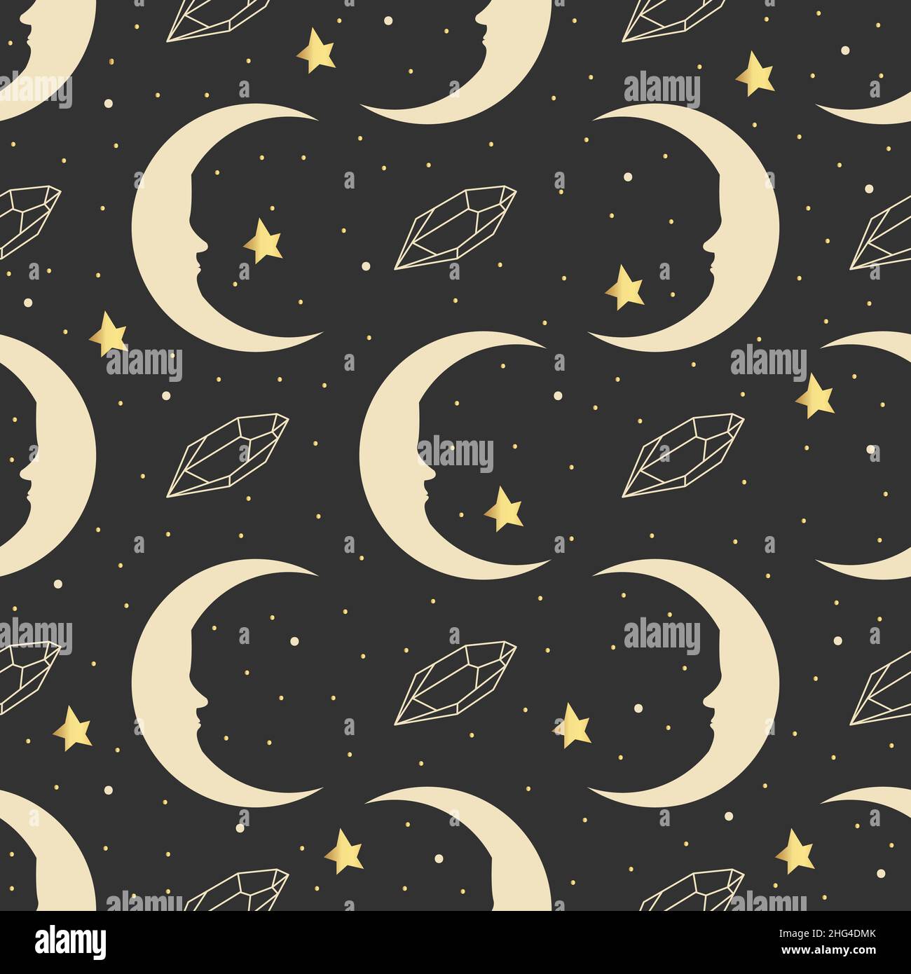 Night sky pattern. Vector magical seamless pattern with planet, moon and stars. Stock Vector