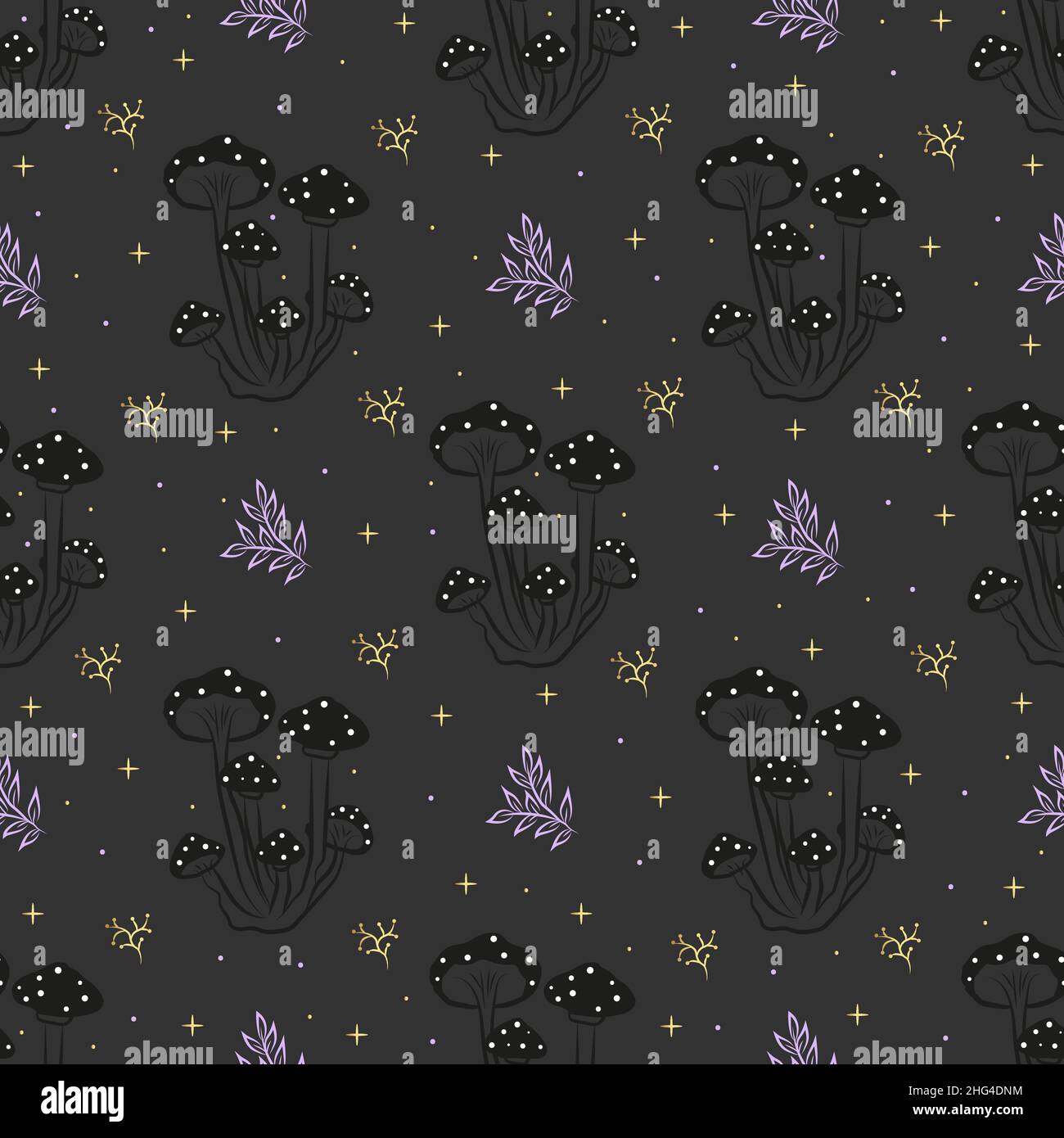 Night sky pattern. Vector magical seamless pattern with mushrooms, moon and stars. Stock Vector