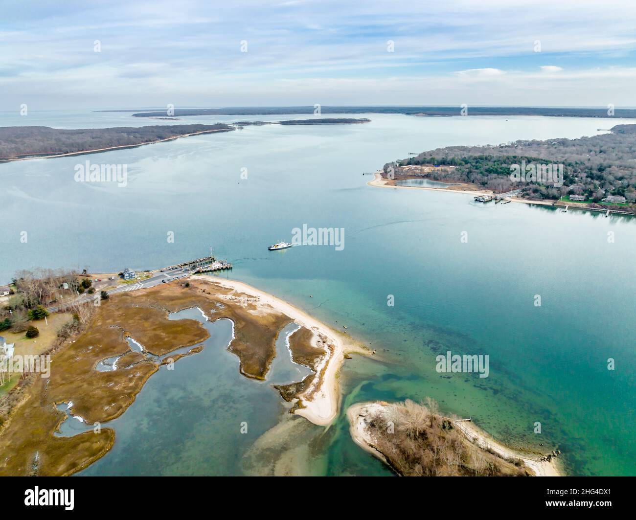 Aerial view of the Shelter Island Ferry in Shelter Island, NY Stock