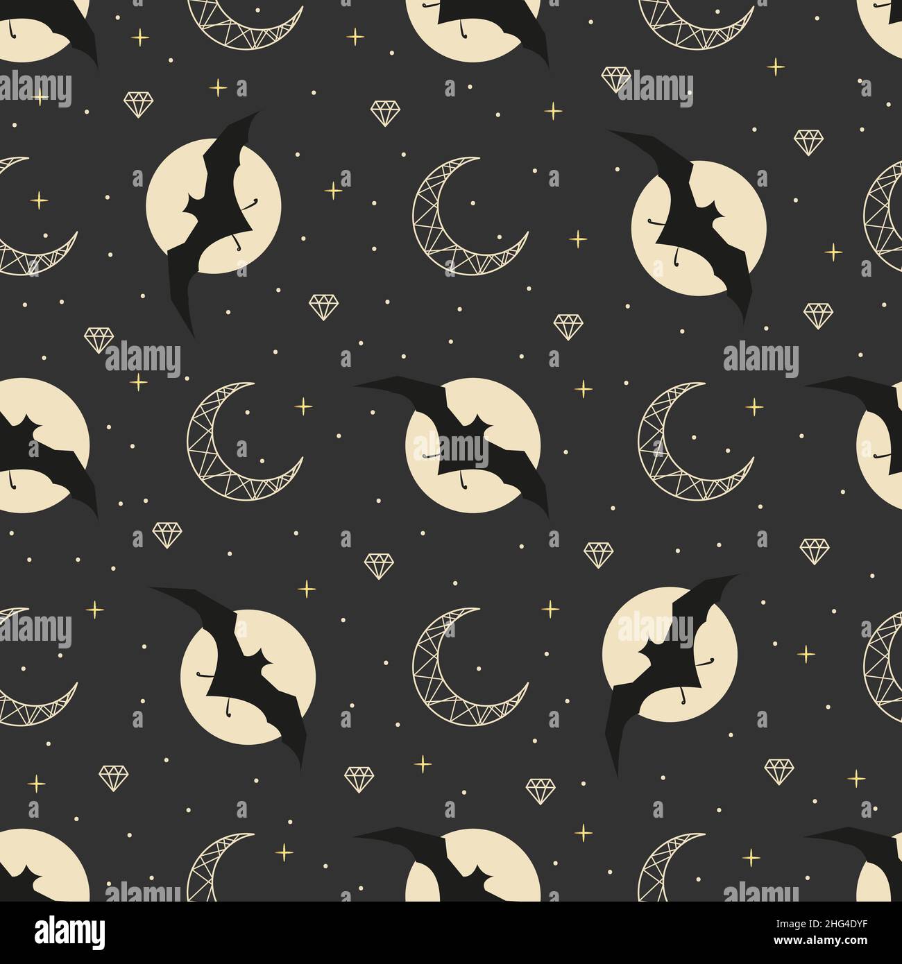 Night sky pattern. Vector magical seamless pattern with bat, moon and ...
