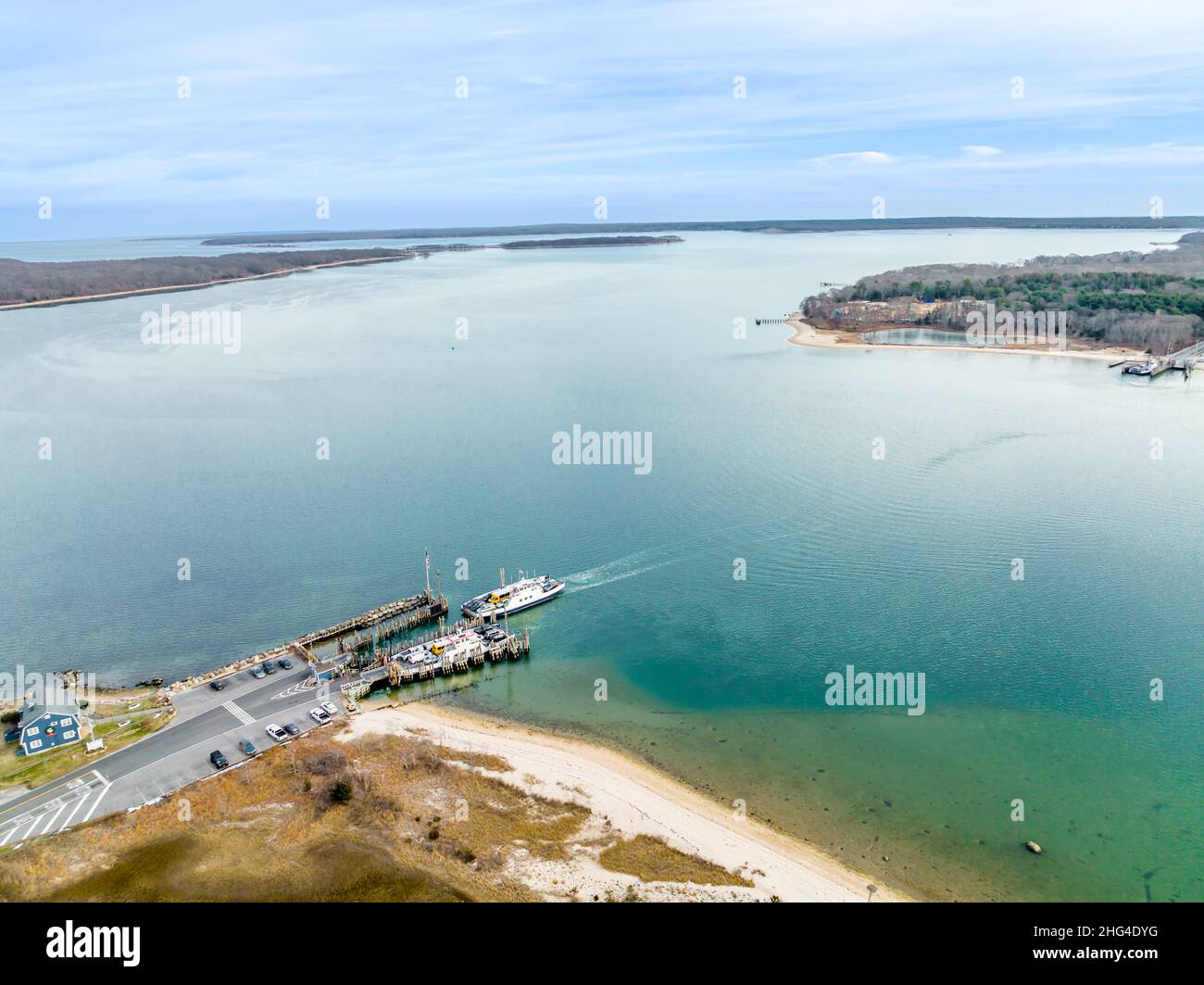 Aerial view of the Shelter Island Ferry in Shelter Island, NY Stock