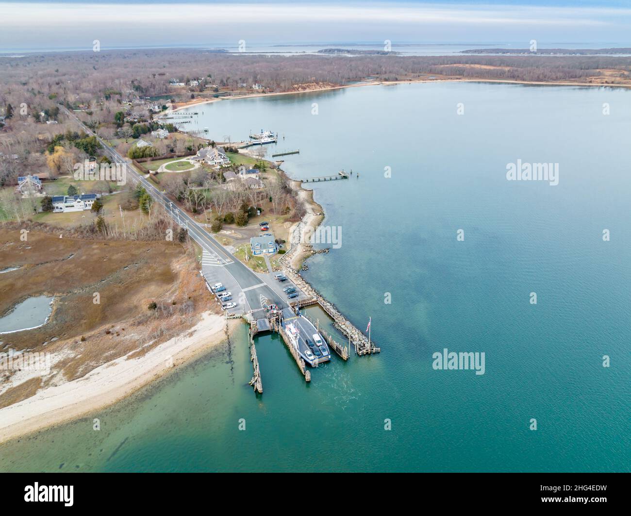Aerial view of the Shelter Island Ferry coming into Shelter Island, NY