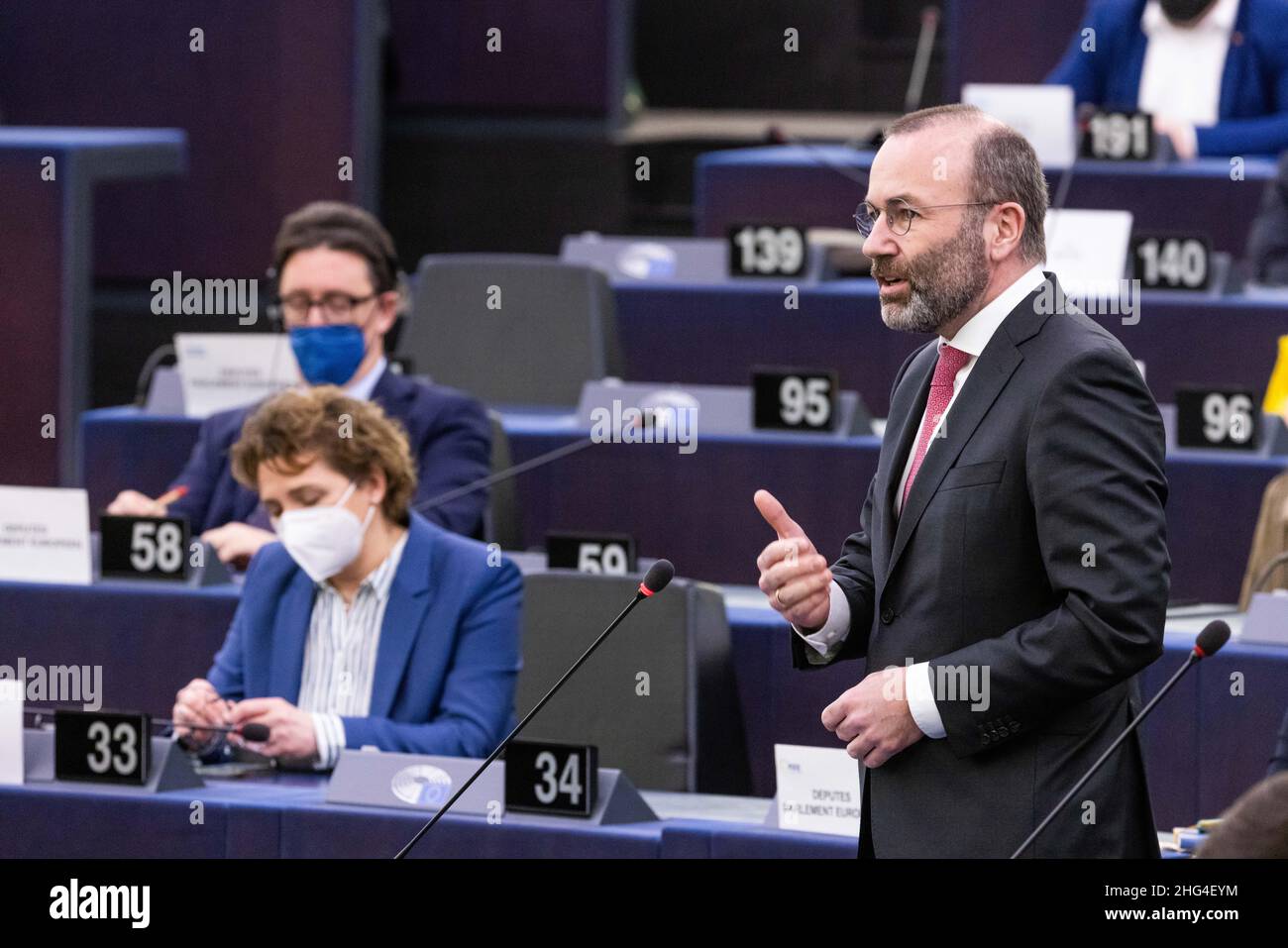 18 January 2022, France, Straßburg: Manfred Weber (CSU), EPP Group, stands in the European Parliament building and speaks after the election of R. Metsola (Partit Nazzjonalista, not in the picture), EPP Group, as President of the European Parliament. Metsola was considered the favorite for the post and was able to win in the first round of voting. Photo: Philipp von Ditfurth/dpa Stock Photo