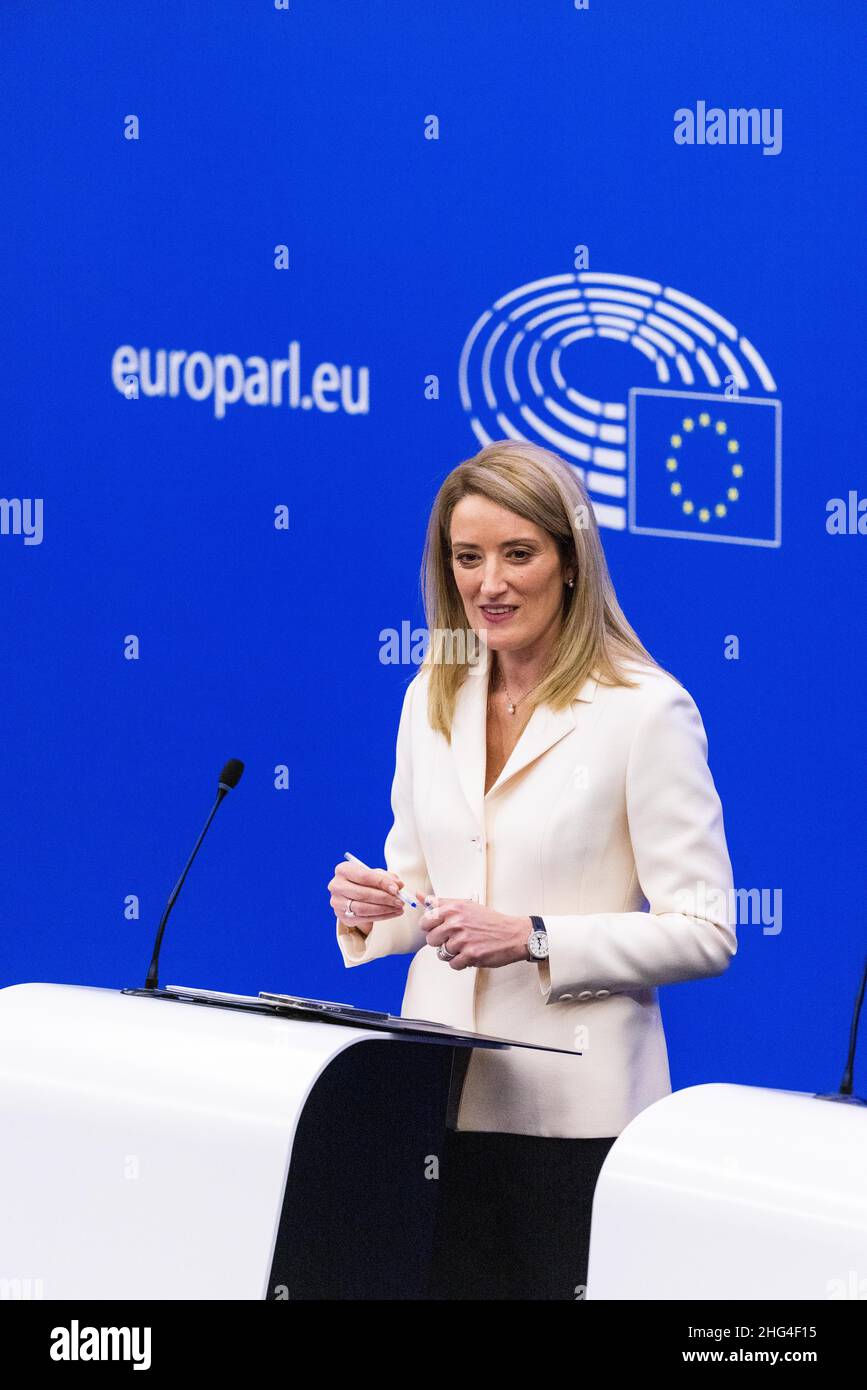 18 January 2022, France, Straßburg: Roberta Metsola (Partit Nazzjonalista), EPP Group, stands and speaks during a press conference in the European Parliament building after her election as President of the European Parliament. Metsola was considered the favorite for the office and was already able to win in the first round of voting. Photo: Philipp von Ditfurth/dpa Stock Photo