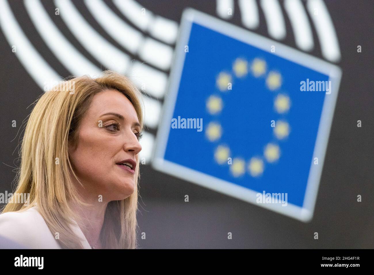 18 January 2022, France, Straßburg: Roberta Metsola (Partit Nazzjonalista), EPP Group, stands in the European Parliament building and speaks after her election as President of the European Parliament. Metsola was considered the favorite for the office and was already able to win in the first round of voting. Photo: Philipp von Ditfurth/dpa Stock Photo