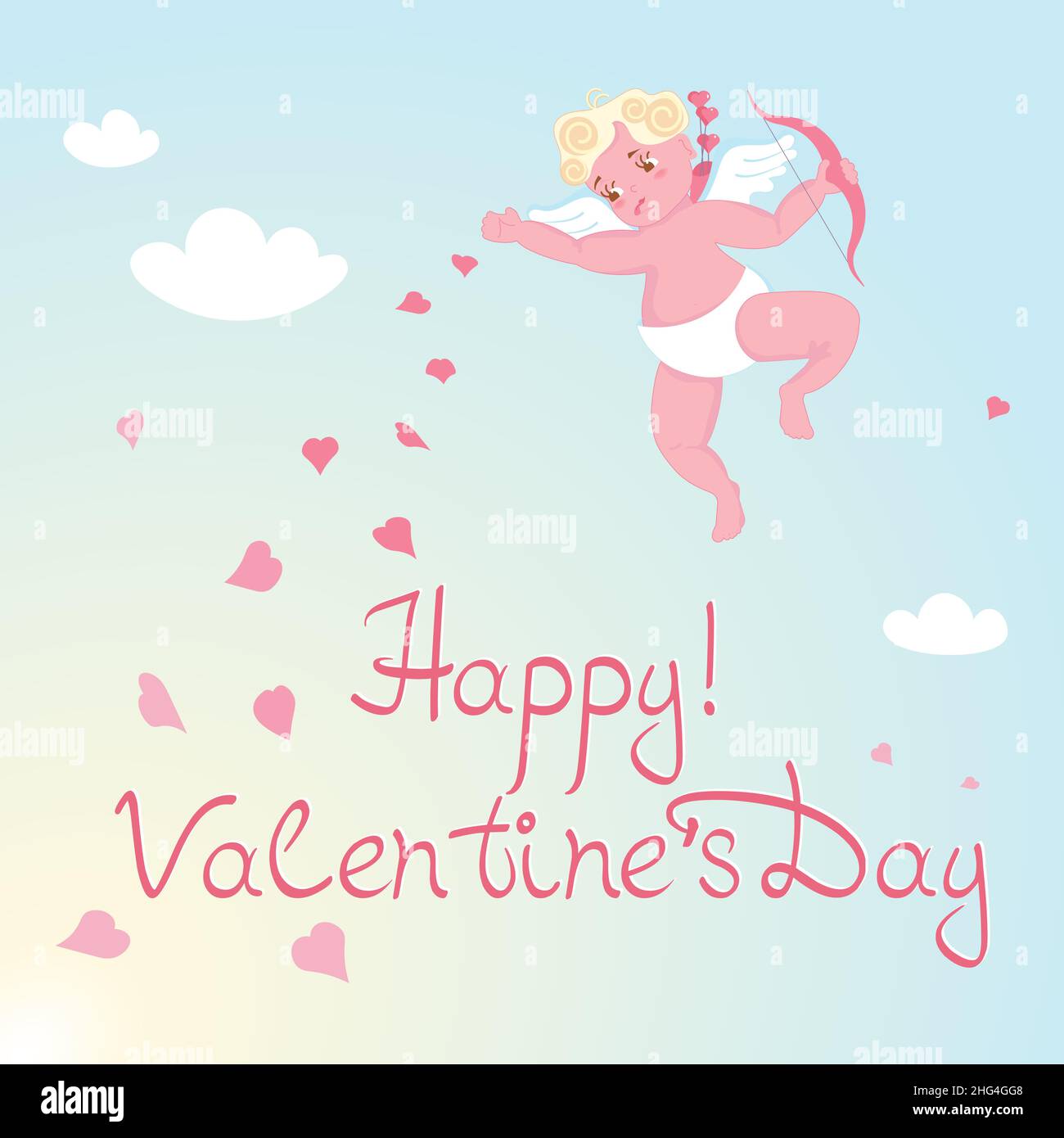 Happy Valentine's Day greeting card. Cute baby Cupid isolated on blue ...
