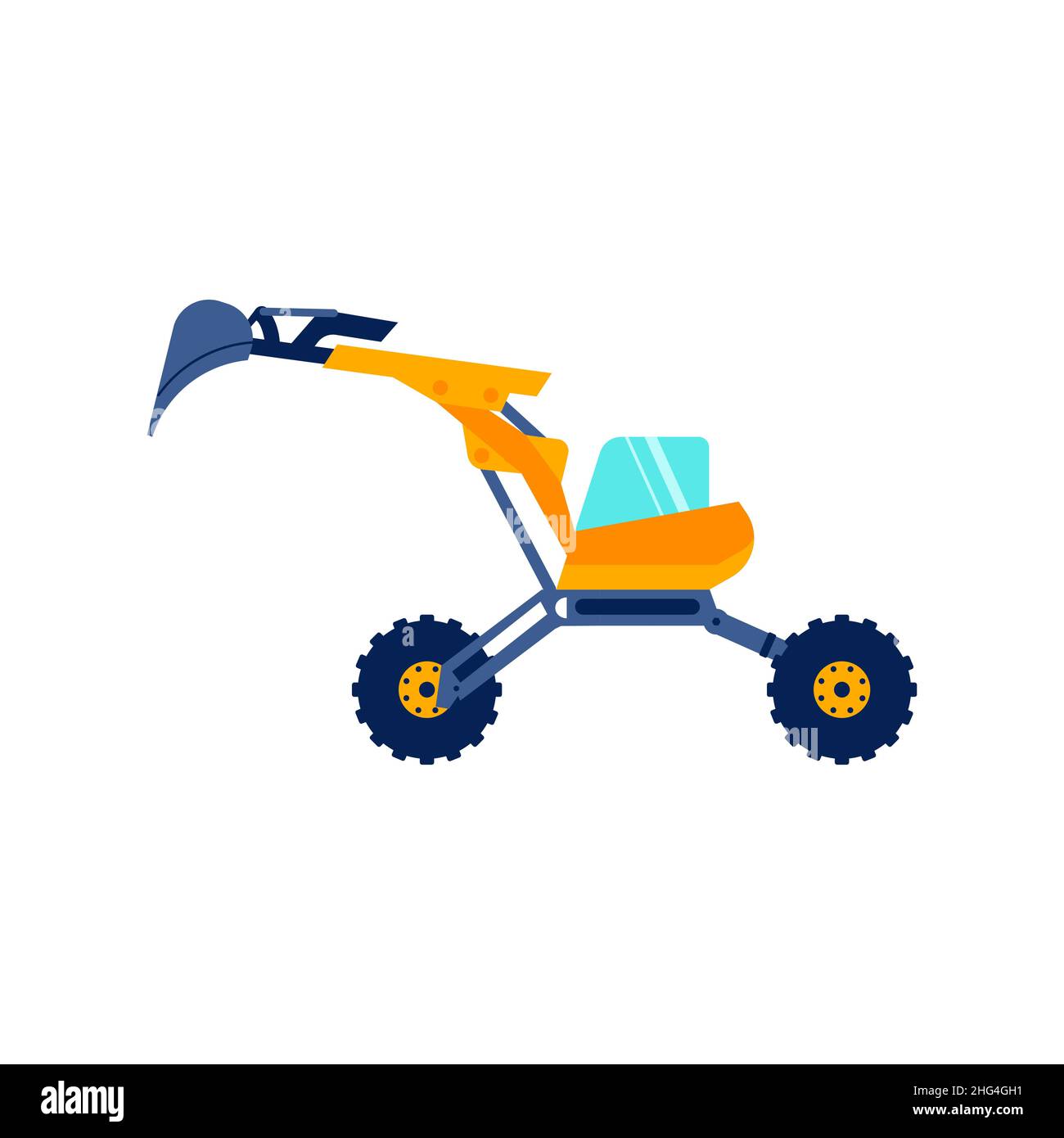 Construction orange excavator side view isolated on white background. Flat Art vector Illustration. Stock Vector