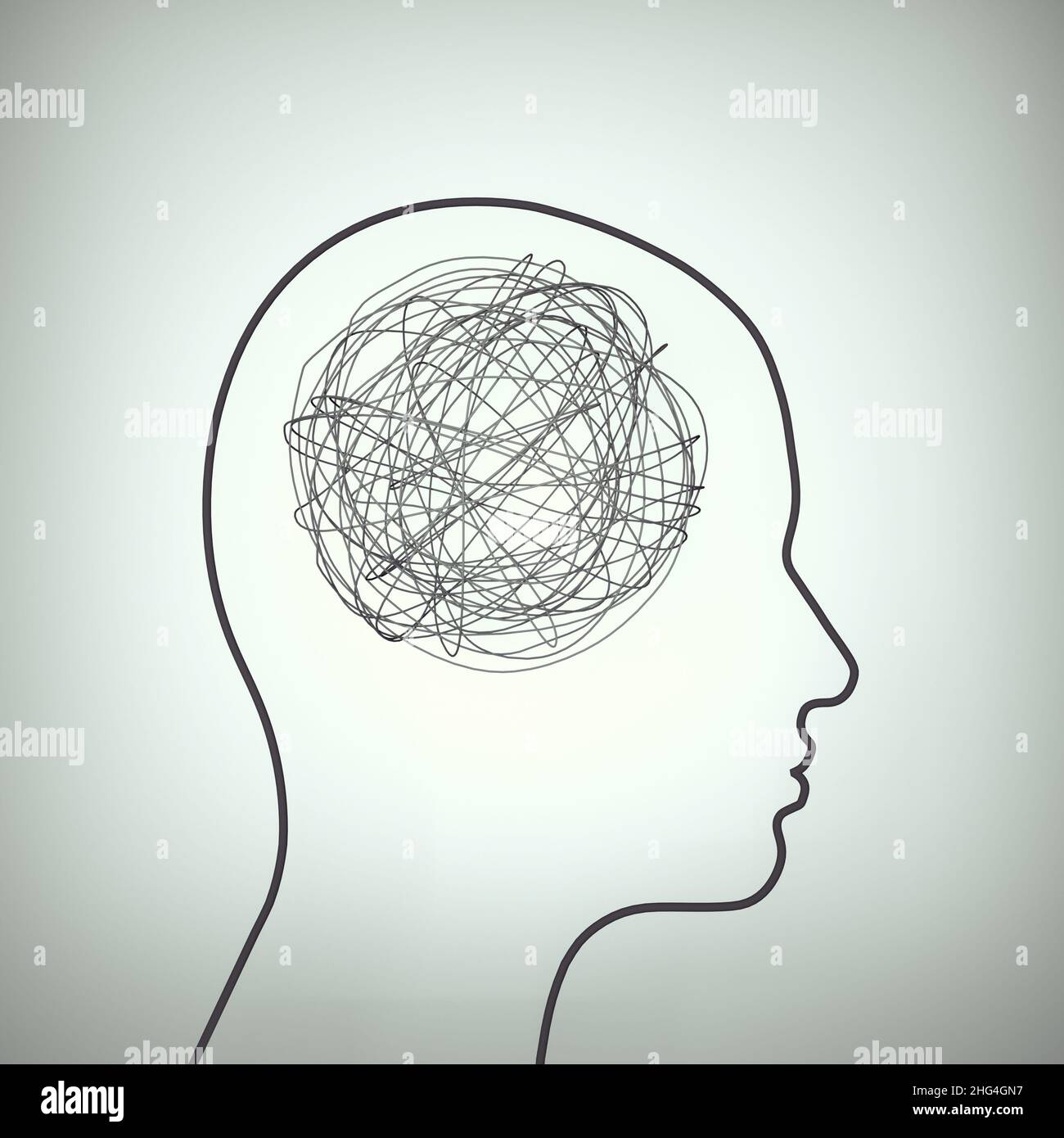 Human head profile made of lines and chaotic lines. Confusion and brainstorming concept. This is a 3d render illustration Stock Photo